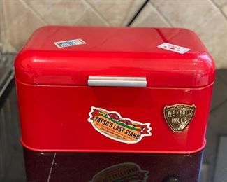 Red metal storage box.