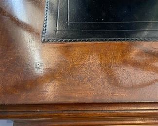 Vintage English reproduction leather-top flame mahogany desk. Measures 72" W x 36" D x 32" H. Photo 3 of 3.