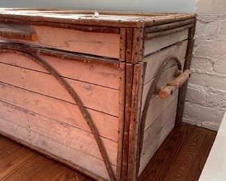 Vintage J. Peterman Co. chest with wood branch detailing and French ticking upholstered interior. Photo 2 of 4.