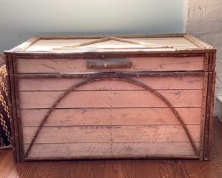 Vintage J. Peterman Co. chest with wood branch detailing and French ticking upholstered interior. Photo 1 of 4.