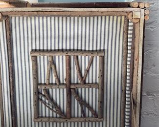Vintage J. Peterman Co. chest with wood branch detailing and French ticking upholstered interior. Photo 3 of 4.