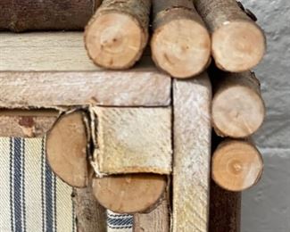 Vintage J. Peterman Co. chest with wood branch detailing and French ticking upholstered interior. Photo 4 of 4.