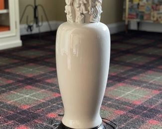 Vintage white lamp with Asian motif. Measures 38" H. Photo 1 of 4.