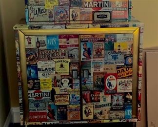 Vintage decoupage booze label bar cabinet purchased at Lot Road Auctions, Chelsea. Measures 30" W x 14" D x 44" H. Photo 1 of 5.