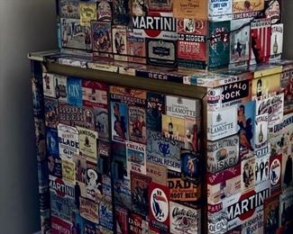 Vintage decoupage booze label bar cabinet purchased at Lot Road Auctions, Chelsea. Measures 30" W x 14" D x 44" H. Photo 2 of 5.