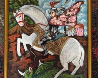Argentinian folk art: St. George Fighting The Dragon. Measures 13" x 17."