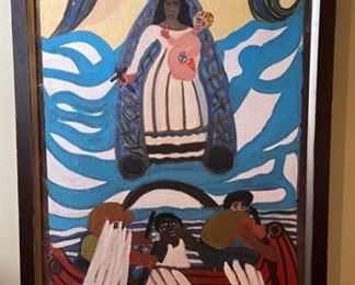 Vintage Cuban folk art signed by artist: La Virgen de la Caridad del Cobre. Measures 24" x 40."