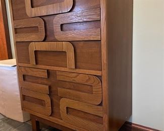 Mid-Century Lane Brutalist chest of drawers / highboy dresser. Measures 38" W x 18" D x 52" H. Photo 2 of 2.