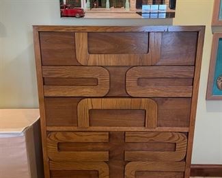 Mid-Century Lane Brutalist chest of drawers / highboy dresser. Measures 38" W x 18" D x 52" H. Photo 1 of 2.