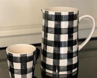 Set of 10 Kirkland's Buffalo Check coffee mugs & a pitcher.