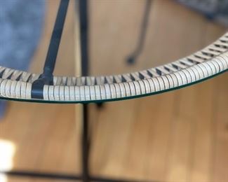 Vintage Arthur Umanoff glass-top bistro table with faux all-weather bamboo trim. Photo 2 of 2.