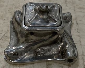 Swedish Art Nouveau by Olof Ahlberg lidded pewter box with fish. Photo 1 of 3.