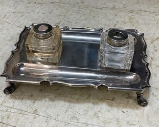 English hallmarked sterling and crystal inkwell. Photo 1 of 3.