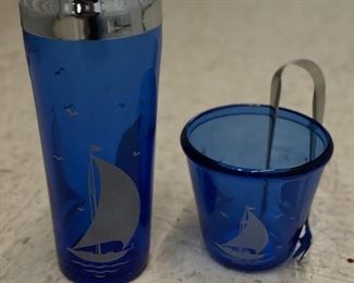 1930s cobalt blue Sailboat glassware set: includes cocktail shaker, ice bucket with tongs and 6 glasses. Photo 1 of 2.