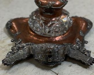 Copper & Silver bear rug tray with inkwell by Hawkes. Photo 1 of 3.