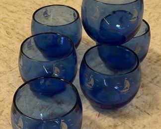 1930s cobalt blue Sailboat glassware set: includes cocktail shaker, ice bucket with tongs and 6 glasses. Photo 2 of 2.