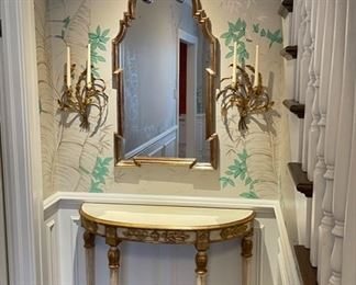 Hollywood Regency Mirror, Pair of Candle Wall Sconces and Demi Lune.