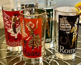 Set of 5 Libby TWA Destination Glasses - Havana, Madrid, Rome, London, The Hague. Photo 1 of 6.