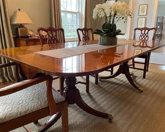 Hickory Chair Georgian Banded Mahogany double pedestal dining table. Measures 72" - 116" W x 46" D x 29.5" H. Photo 1 of 4.