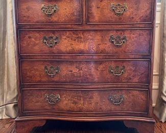 Vintage flame mahogany serpentine front chest of drawers. Measures 29" W x 18" D x 31" H. Photo 1 of 3.