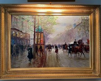 Paris oil painting signed by artist. Measures 35" x 23" without frame; 4.25" thick frame. Photo 1 of 2.