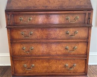 Flame mahogany slant front desk with marquetry detailing. Measures 29" W x 18" D x 39" H. Photo 1 of 5.