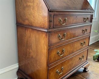 Flame mahogany slant front desk with marquetry detailing. Measures 29" W x 18" D x 39" H. Photo 2 of 5.