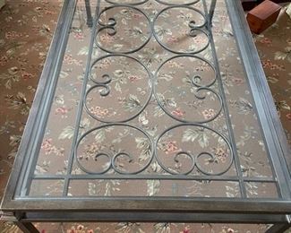 Metal & glass "garden gate" cocktail table. Measures 57" W x 32" D x 17" H. Photo 1 of 4.