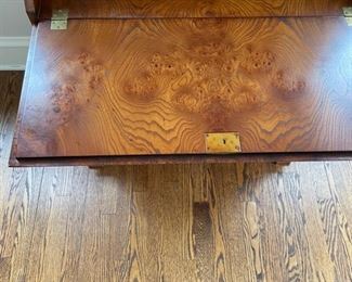 Flame mahogany slant front desk with marquetry detailing. Measures 29" W x 18" D x 39" H. Photo 4 of 5.