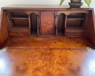 Flame mahogany slant front desk with marquetry detailing. Measures 29" W x 18" D x 39" H. Photo 3 of 5.