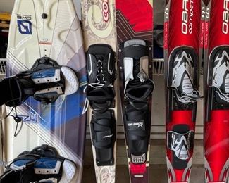 O’Brien Competitor Dual Tunnel 172 Water Skis, Connelly SP Slalom Ski, Ho Manufacturing Mach1 Slalom Waterski, CWB Board Company Wakeboard.