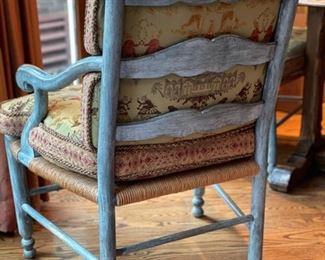 Set of 4 Minton-Spidell French Provincial arm chairs in frosted blue finish with rush seats. Each measures 23” W x 25” D x 38” H. Photo 3 of 5.