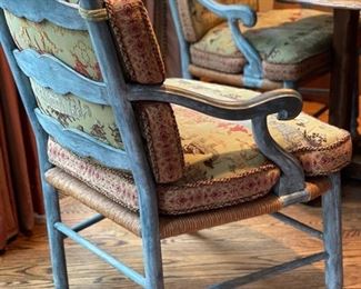 Set of 4 Minton-Spidell French Provincial arm chairs in frosted blue finish with rush seats. Each measures 23” W x 25” D x 38” H. Photo 2 of 5.