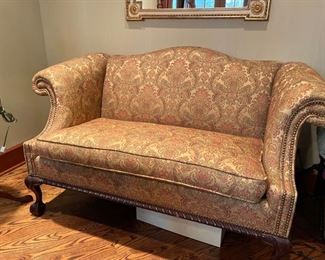Hancock & Moore chippendale-style camelback loveseat with ball and claw feet. Measures 62" W x 36" D. Photo 1 of 4.