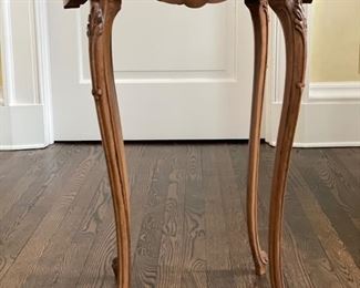 Pair of Antique marquetry hand-carved french maple side tables. Each measures 20" W x 13" D x 28" H. Photo 1 of 4.