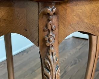 Pair of Antique marquetry hand-carved french maple side tables. Each measures 20" W x 13" D x 28" H. Photo 2 of 4.