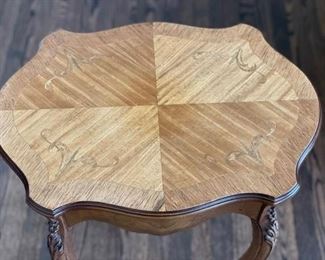 Pair of Antique marquetry hand-carved french maple side tables. Each measures 20" W x 13" D x 28" H. Photo 3 of 4.
