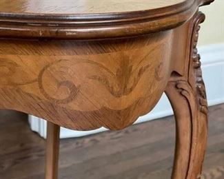 Pair of Antique marquetry hand-carved french maple side tables. Each measures 20" W x 13" D x 28" H. Photo 4 of 4.