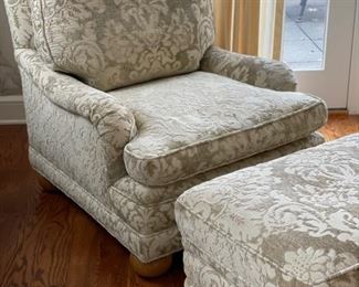 Chenille damask upholstered club chair & ottoman. Two chairs available. Each chair measures 32" W x 40" D. Ottoman measures 32" x 22." Photo 1 of 3.
