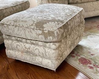 Chenille damask upholstered club chair & ottoman. Two chairs available. Each chair measures 32" W x 40" D. Ottoman measures 32" x 22." Photo 2 of 3.