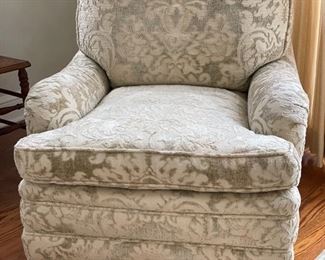 Chenille damask upholstered club chair & ottoman. Two chairs available. Each chair measures 32" W x 40" D. Ottoman measures 32" x 22." Photo 3 of 3.