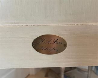 K. A. Roos bedside table with gilt dentil trim - 2 available. Each measures 21" x 20" D. Photo 3 of 3.