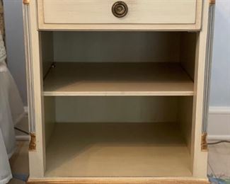 K. A. Roos bedside table with gilt dentil trim - 2 available. Each measures 21" x 20" D. Photo 1 of 3.