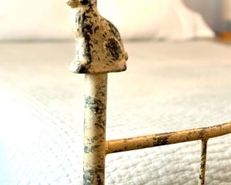 Queen size white-washed metal bed frame with bunny adornments. Photo 3 of 5.