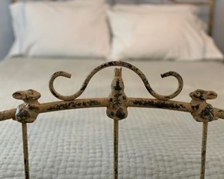 Queen size white-washed metal bed frame with bunny adornments. Photo 5 of 5.