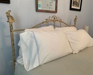 Queen size white-washed metal bed frame with bunny adornments. Photo 2 of 5.