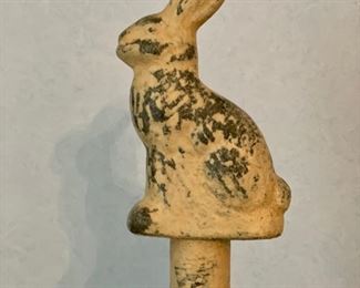 Queen size white-washed metal bed frame with bunny adornments. Photo 4 of 5.