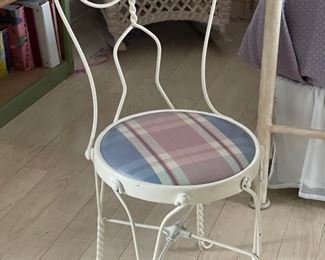 Antique oak top ice cream parlor table with wrought iron pedestal base and two twisted metal chairs. Table is 29" D. Photo 3 of 3.