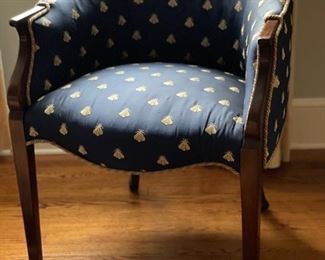 Pair of barrel back chairs upholstered in Bee fabric. Each measures 31.5" D. Photo 1 of 4.