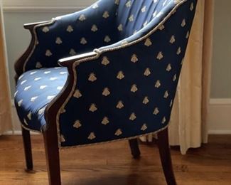 Pair of barrel back chairs upholstered in Bee fabric. Each measures 31.5" D. Photo 2 of 4.